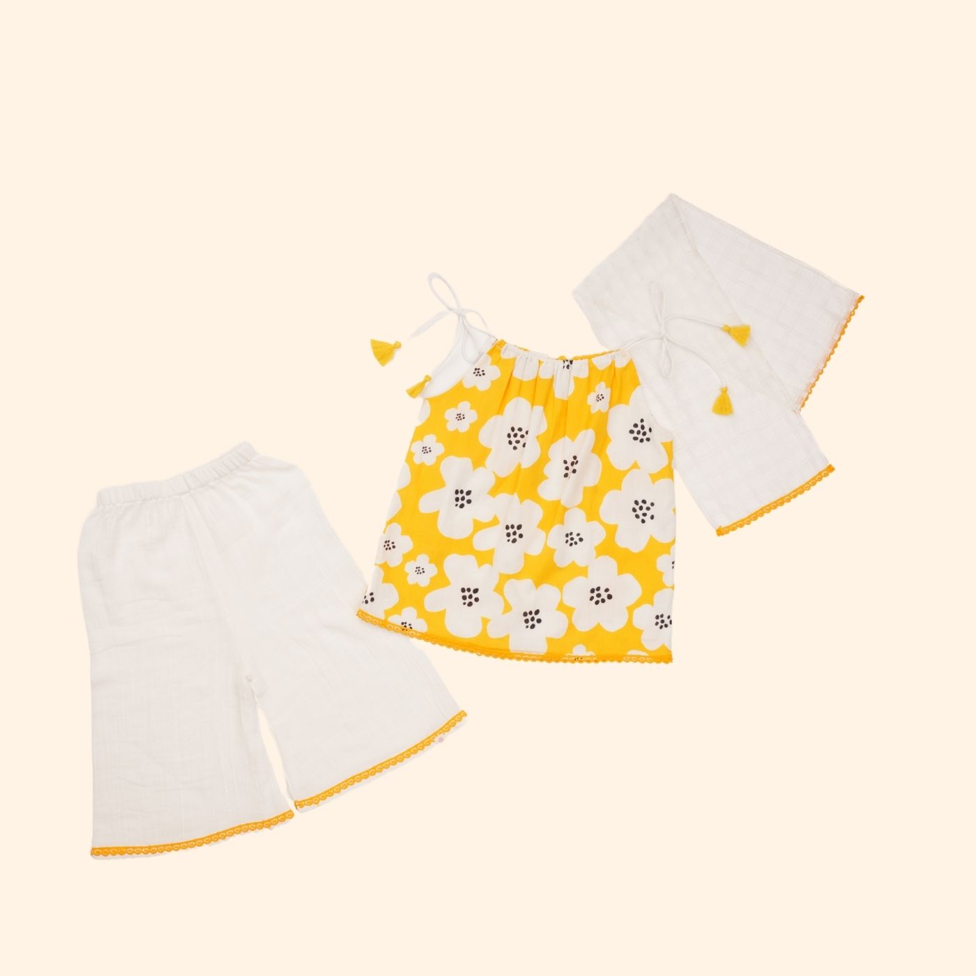 Baby Girl Cotton Kurta, Pallazo and Dupatta Set - Basanti