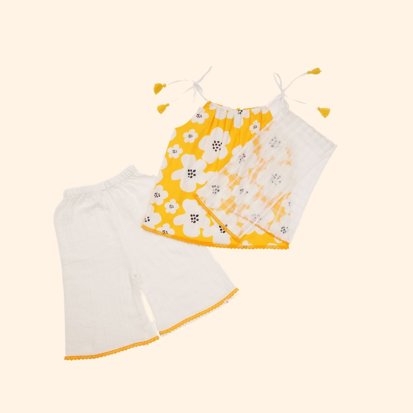 Baby Girl Cotton Kurta, Pallazo and Dupatta Set - Basanti