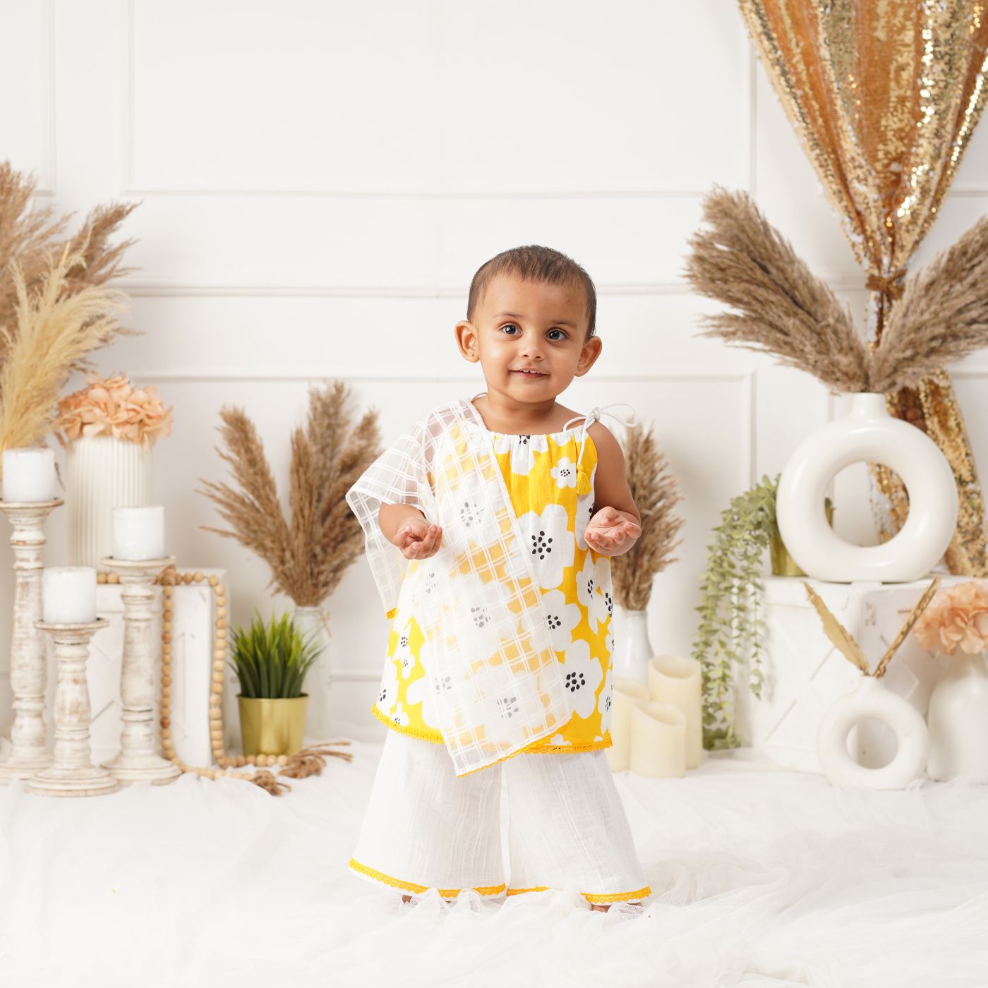 Baby Girl Cotton Kurta, Pallazo and Dupatta Set - Basanti