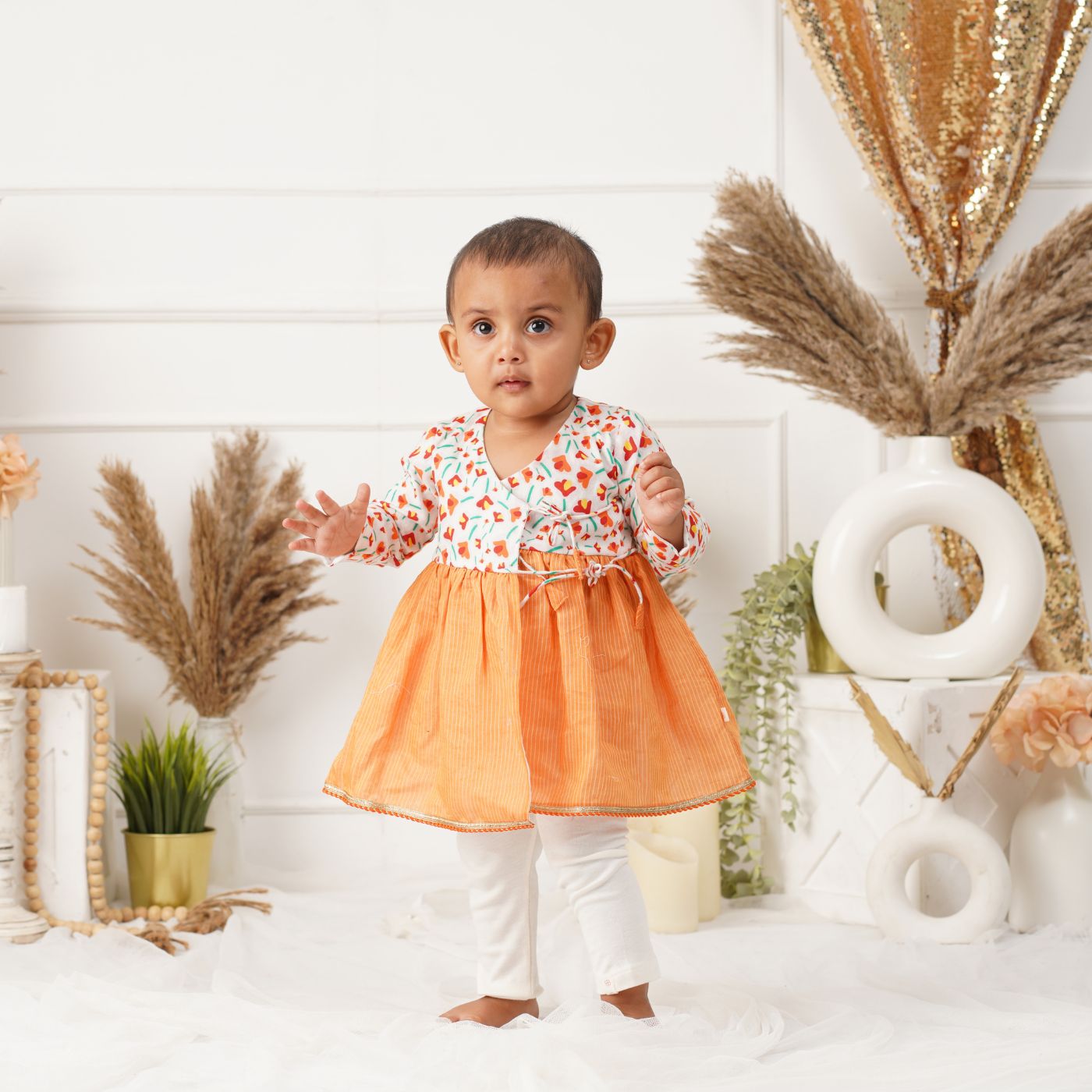Baby Girl Cotton Angarkha Kurta & Pant Set - Sindoori