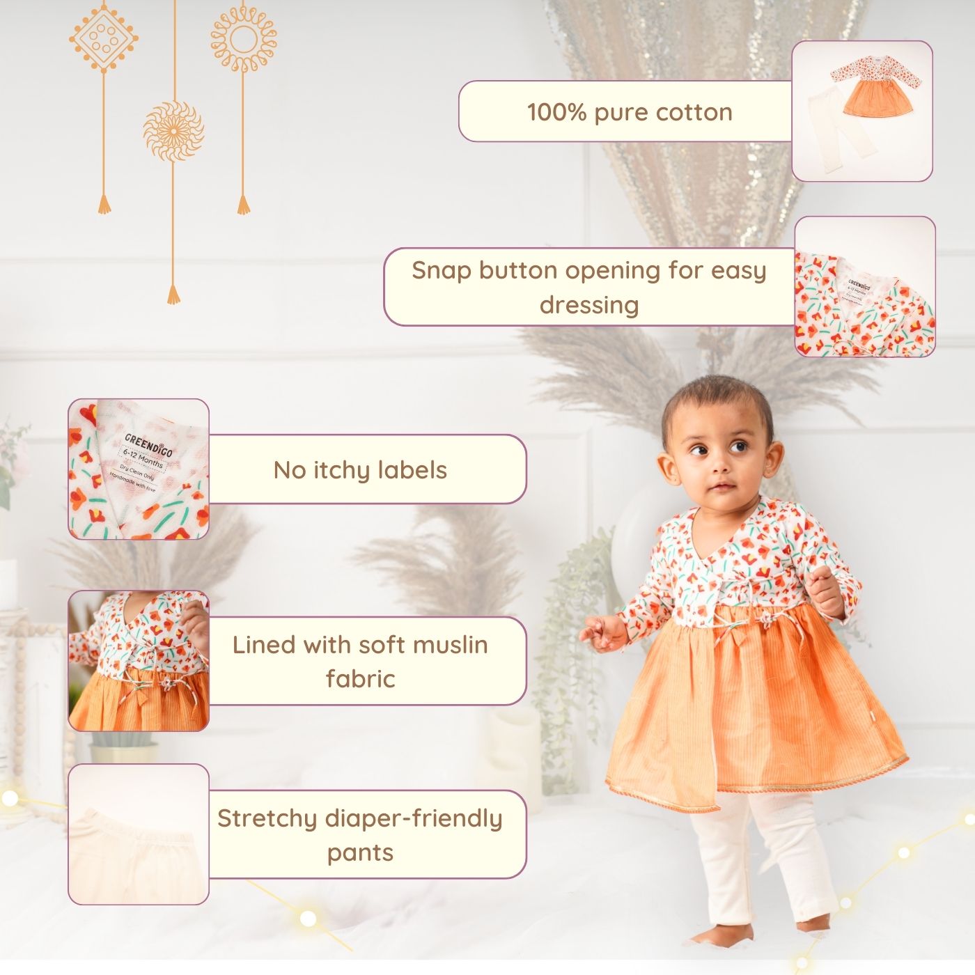 Baby Girl Cotton Angarkha Kurta & Pant Set - Sindoori