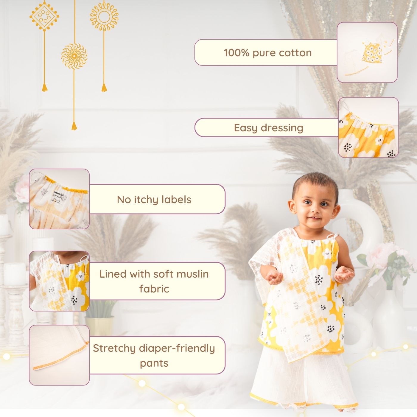 Baby Girl Cotton Kurta, Pallazo and Dupatta Set - Basanti