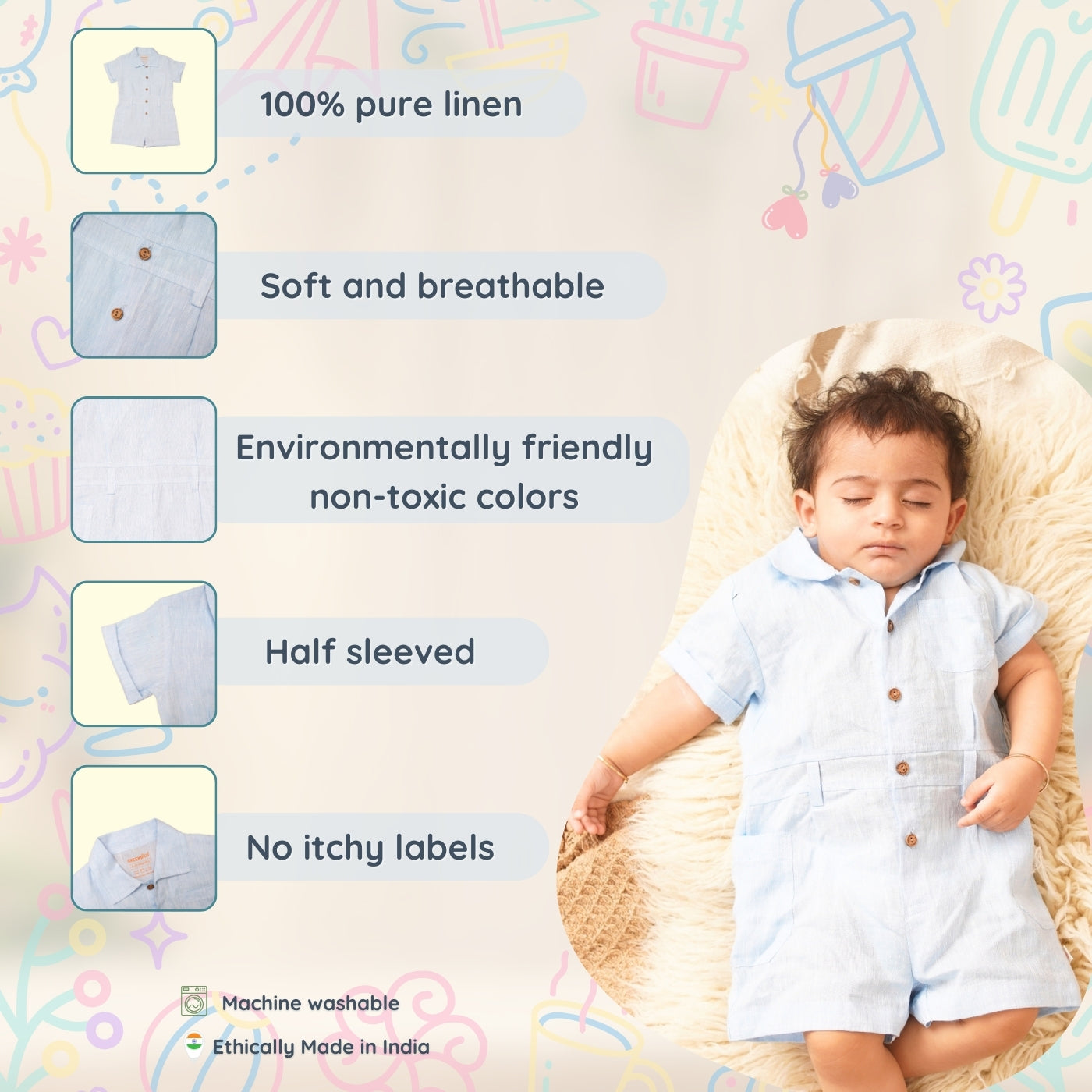 Baby Boy Linen Romper - Blueberry Breeze