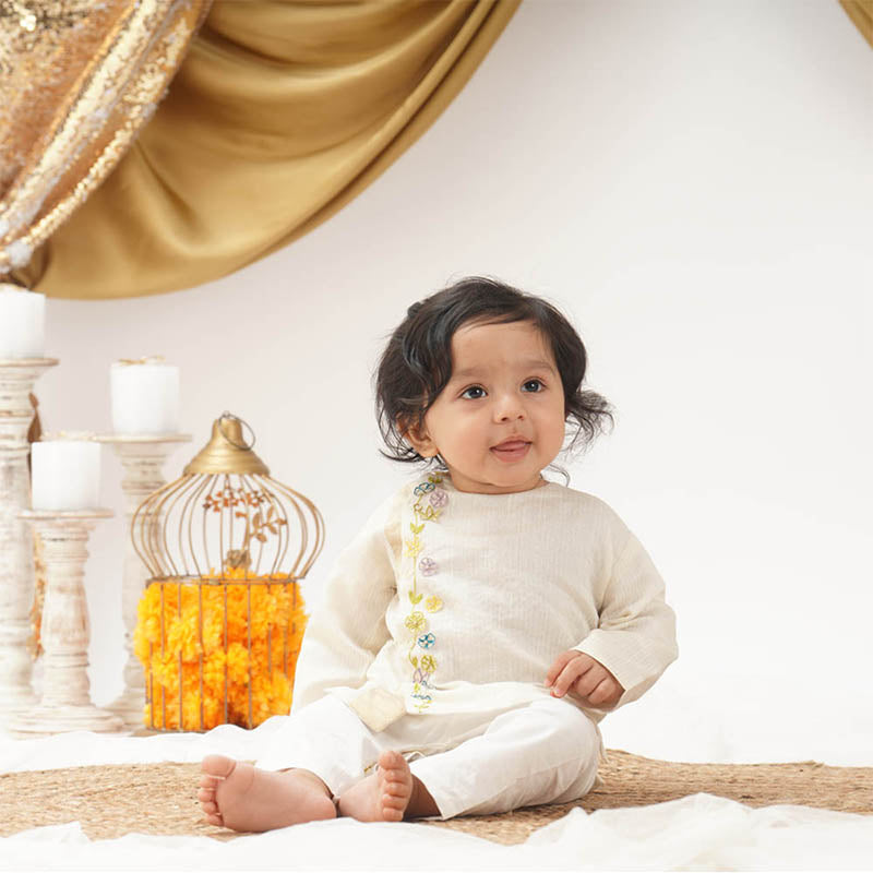 Baby Boy Maheshwari Handwoven Cotton Silk Short Kurta & Pant Set - Gulshan