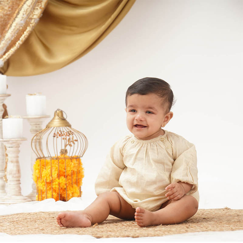 Baby Maheshwari Handwoven Cotton Silk Bodysuit - Kamal