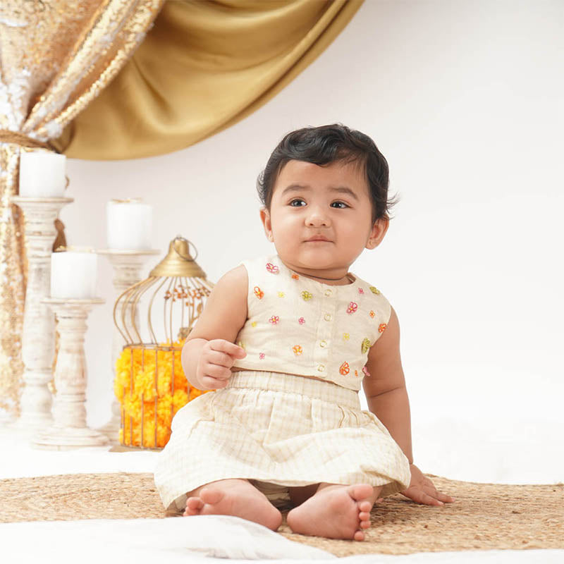 Baby Girl Maheshwari Handwoven Cotton Silk Lehenga Choli - Champa