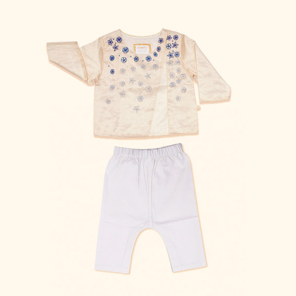 Baby Boy Maheshwari Handwoven Cotton Silk Short Kurta & Pant Set - Neelkamal