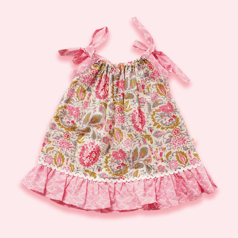 a botanical floral pink, green, blue and white baby girl frock for 0 to 2 year olds