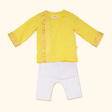 Baby Boy Maheshwari Handwoven Cotton Silk Short Kurta & Pant Set - Daffodil