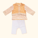 Baby Boy Maheshwari Handwoven Cotton Silk Kurta, Bundi & Pant Set - Marigold