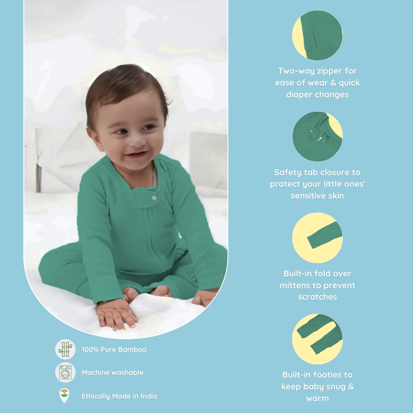 Baby Bamboo Sleepsuit - Minty Mist