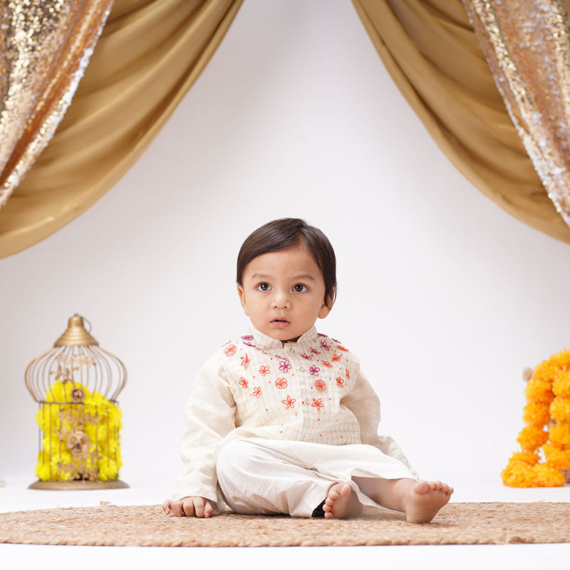 Baby Boy Maheshwari Handwoven Cotton Silk Kurta, Bundi & Pant Set - Genda