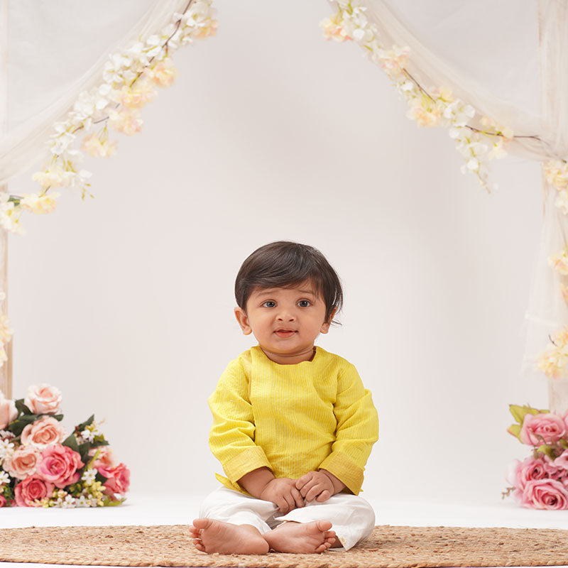 Baby Boy Maheshwari Handwoven Cotton Silk Short Kurta & Pant Set - Daffodil