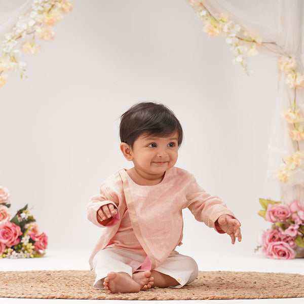 Baby Boy Maheshwari Handwoven Cotton Silk Short Kurta & Pant Set - Peony