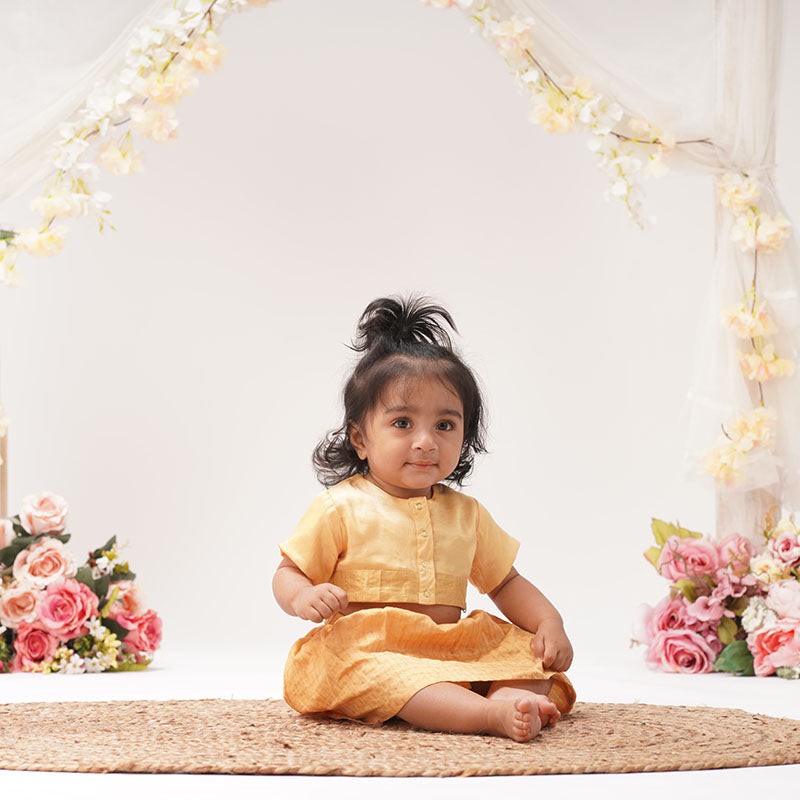 Baby Girl Maheshwari Handwoven Cotton Silk Lehenga Choli - Sunflower