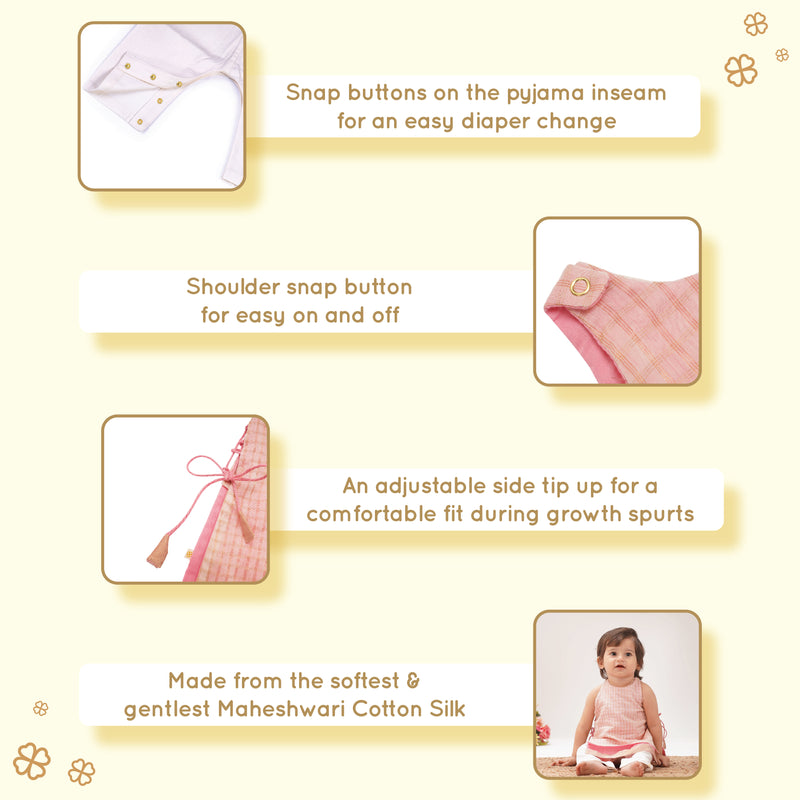 Baby Girl Maheshwari Handwoven Cotton Silk Short Kurta & Pant Set - Orchid
